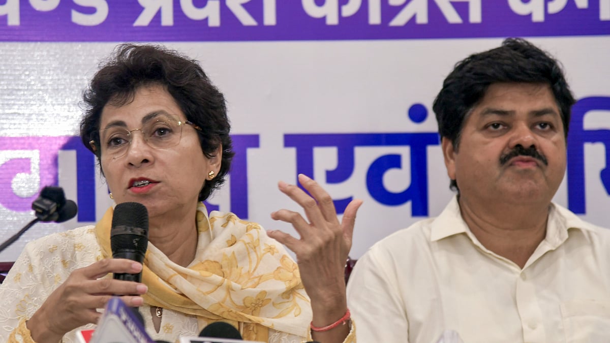 Kumari Selja addresses a press conference in Dehradun.