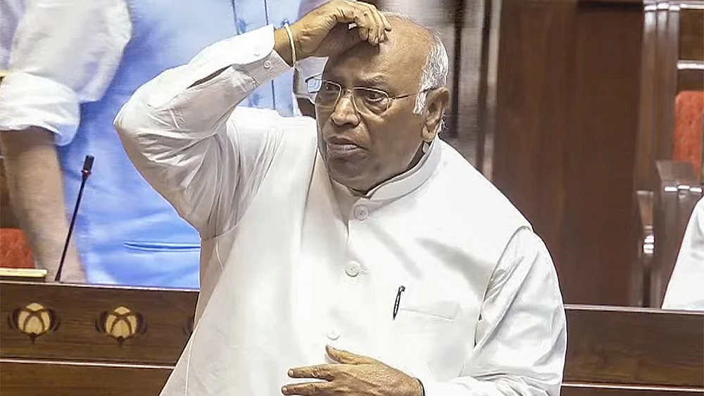 Mallikarjun Kharge speaks during the Monsoon Session of Parliament in New Delhi.