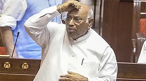 Mallikarjun Kharge speaks during the Monsoon Session of Parliament in New Delhi.