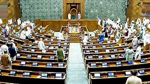 Opposition leaders stage a protest in the Lok Sabha during the Monsoon session.