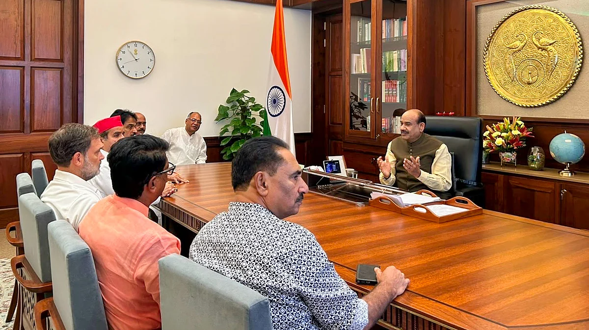 Rahul Gandhi and others meet Lok Sabha speaker Om Birla in New Delhi.