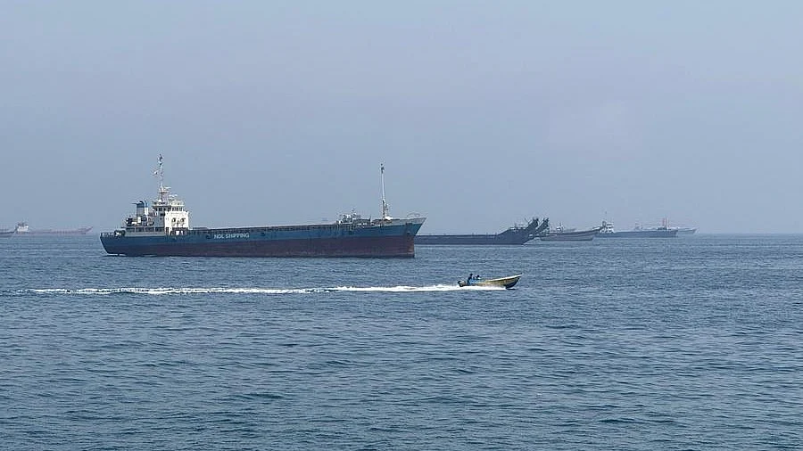 Oil tankers sail through the Strait of Hormuz.