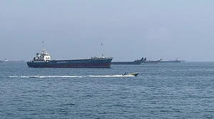 Oil tankers sail through the Strait of Hormuz.