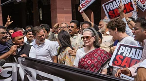 Sonia Gandhi with other Opposition leaders protest during Monsoon session of Parliament in New Delhi.