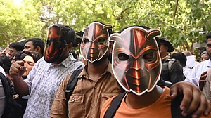 Cockroach Janta Party supporters gather at Jantar Mantar in New Delhi.