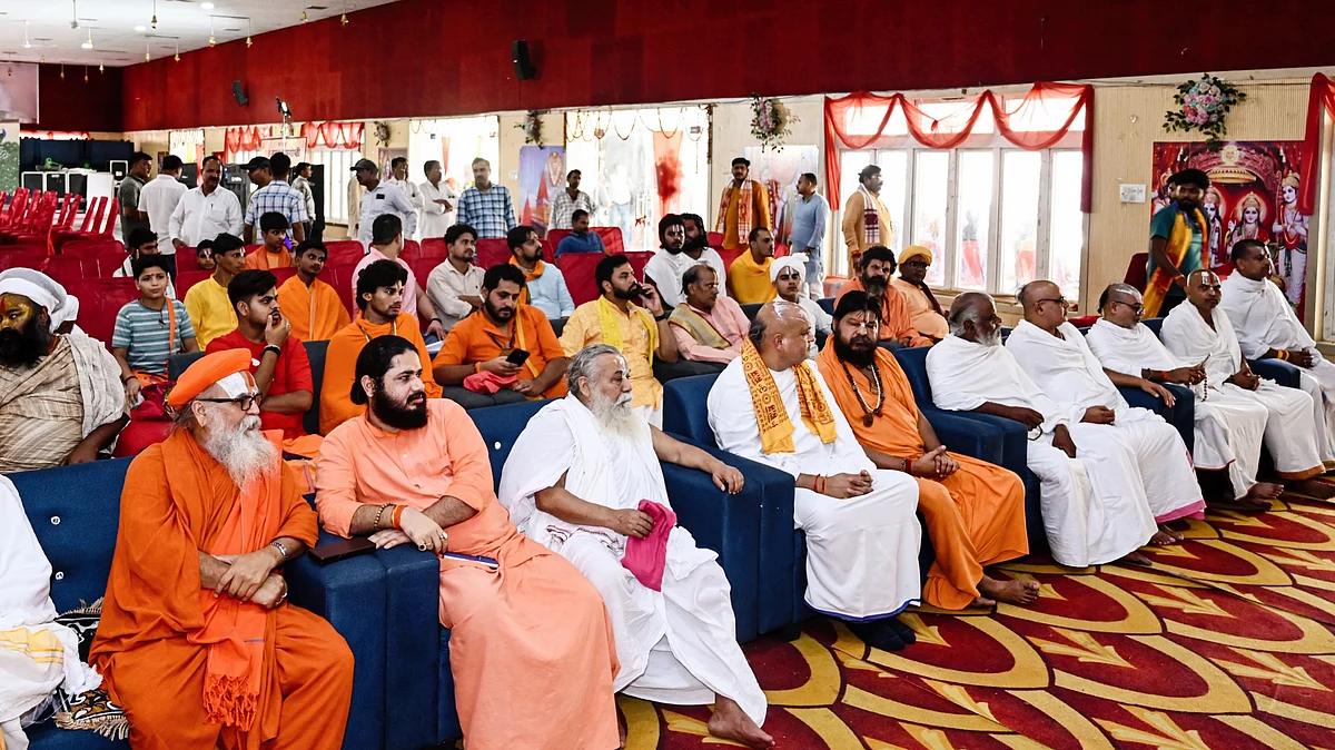 Trust president Nritya Gopal Das and seers at a meeting in Ayodhya, 23 July