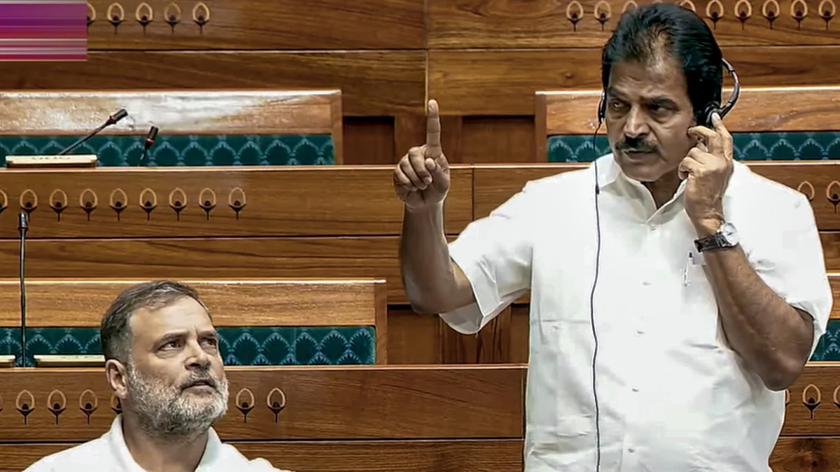 KC Venugopal speaks in the Lok Sabha as Rahul Gandhi looks on