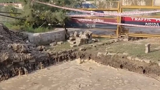 Borewell pit dug by Greater Noida Authority filled with rainwater following recent showers.
