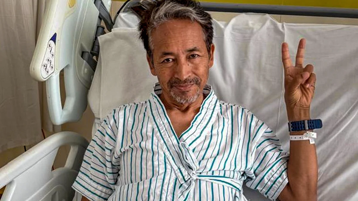 Sonam Wangchuk addresses the media in Gurugram.