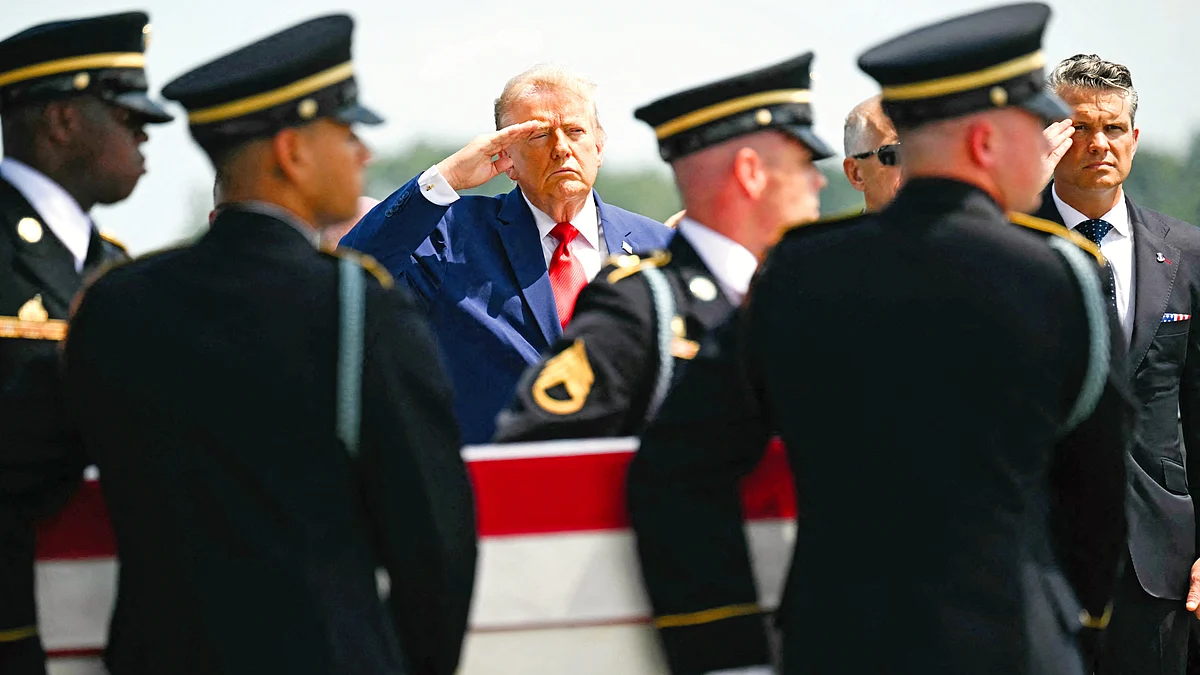 Donald Trump and his secretary of war Pete Hegseth (far right) putting a brave face on setbacks