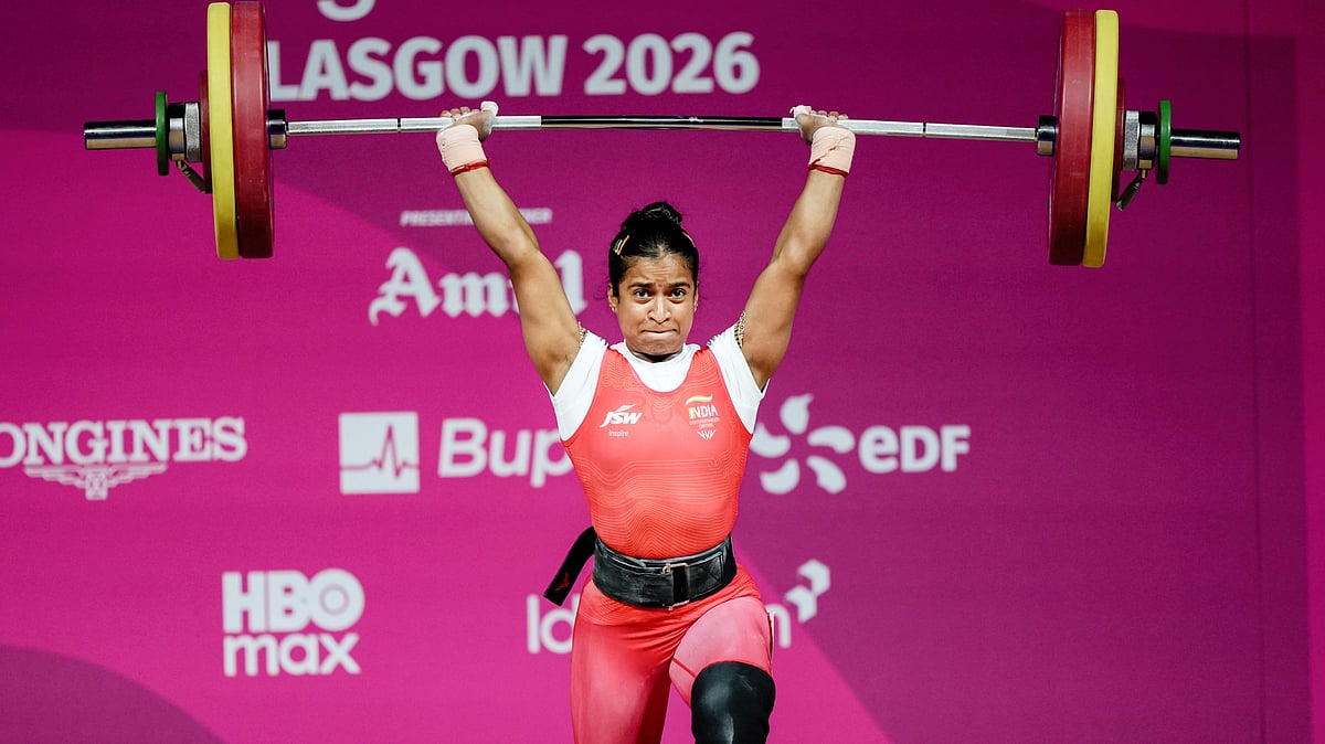 Gyaneshwari Yadav in the women's 53kg weightlifting final in Glasgow, 27 July