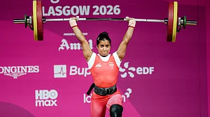 Gyaneshwari Yadav in the women's 53kg weightlifting final in Glasgow, 27 July