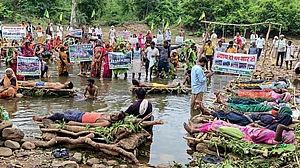 Tribals protesting the Ken-Betwa linking project and the symbolic 'chita andolan' in Chhatarpur district