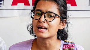 Neha Bora at a press conference in Patna, 27 July