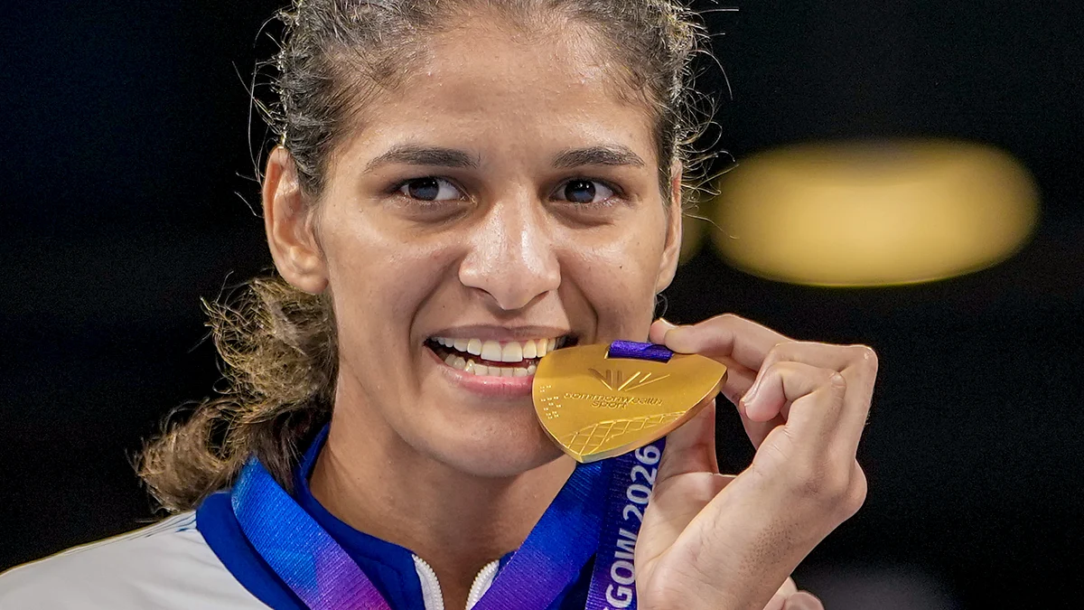 India's Jaismine Lamboria with the gold medal. 