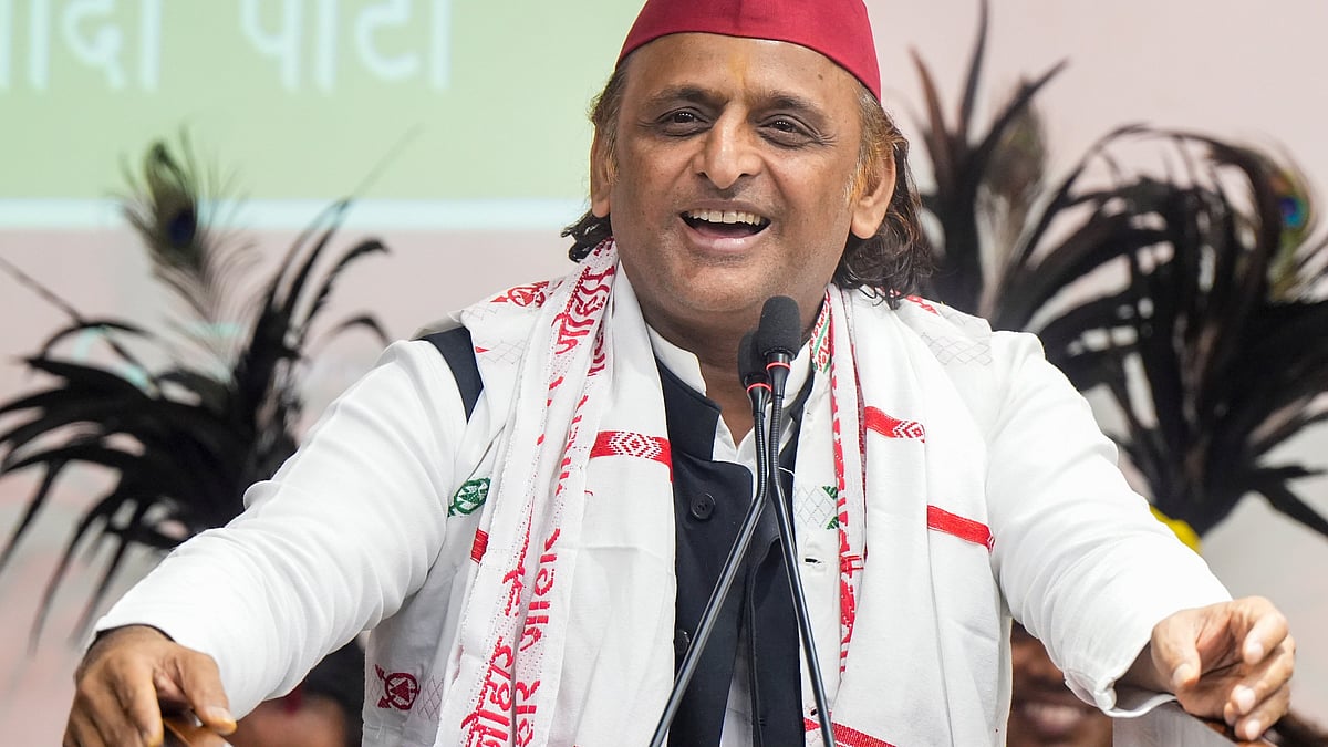SP president Akhilesh Yadav addresses a press conference at the party office in Lucknow.