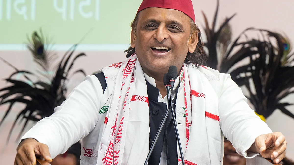 SP president Akhilesh Yadav addresses a press conference at the party office in Lucknow.