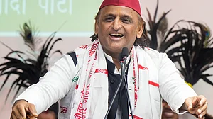 SP president Akhilesh Yadav addresses a press conference at the party office in Lucknow.