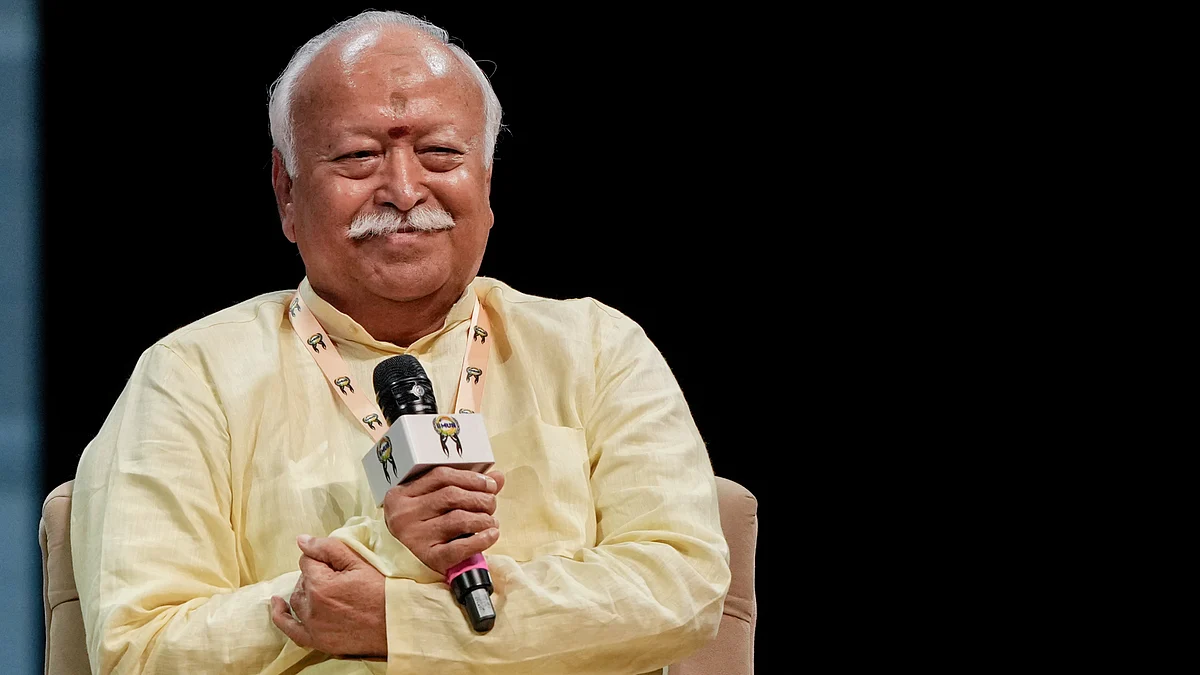 Mohan Bhagwat interacts with students at an event in Mumbai, 6 August