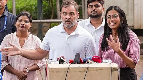 Rahul Gandhi speaks during a press briefing in New Delhi.