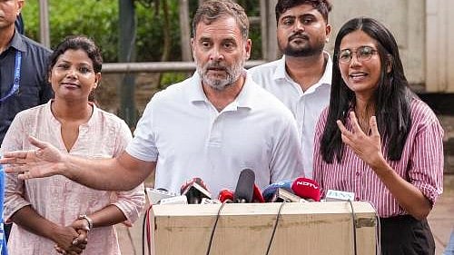 Rahul Gandhi speaks during a press briefing in New Delhi.