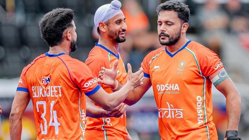 Indian skipper Harmanpreet Singh (right) fired two goals against Pakistan today