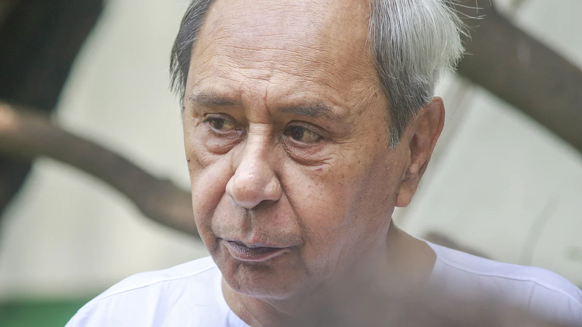 BJD chief Naveen Patnaik addresses the media in New Delhi.