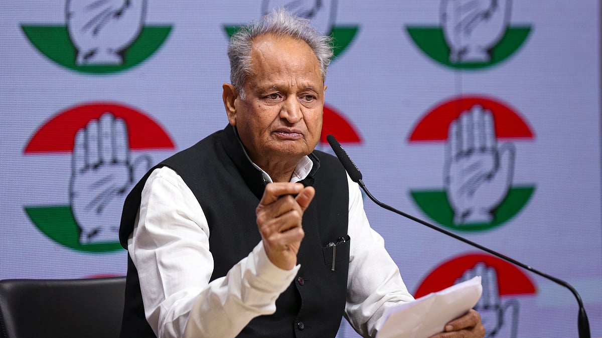 Ashok Gehlot addresses a press conference at AICC office in New Delhi.