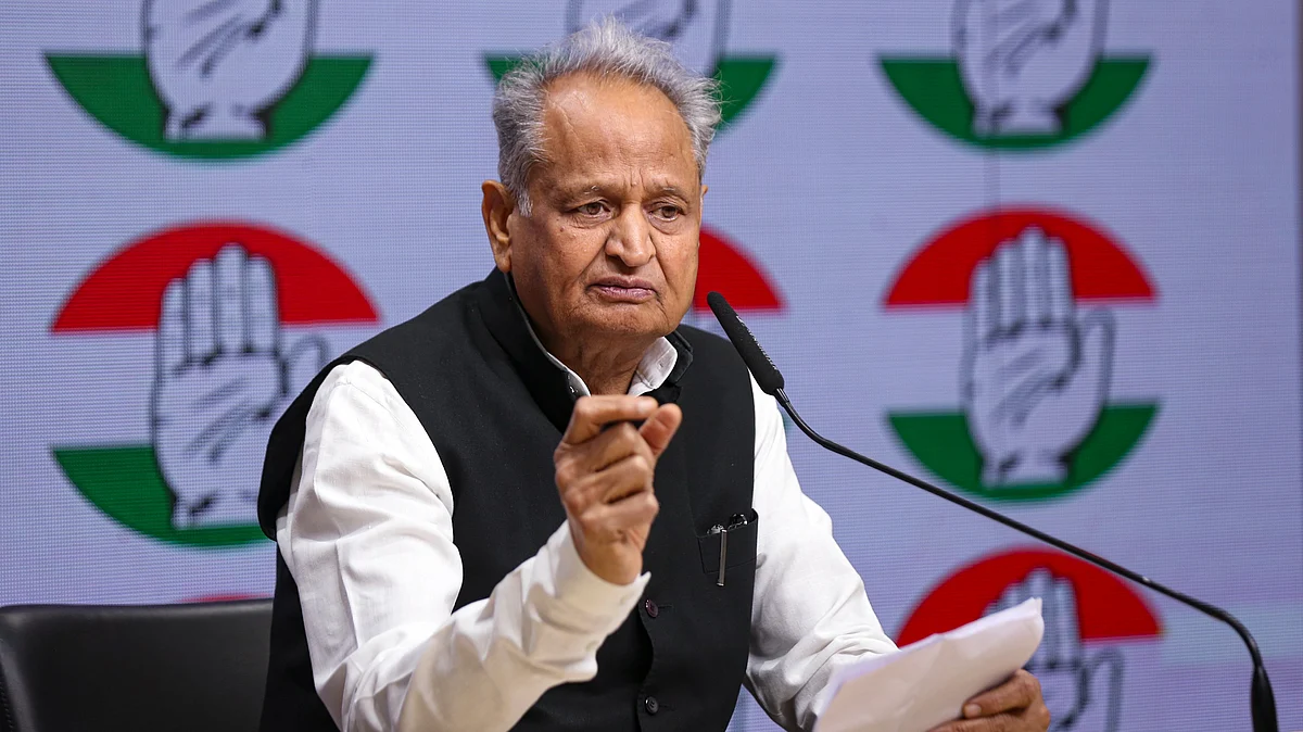 Ashok Gehlot addresses a press conference at AICC office in New Delhi.