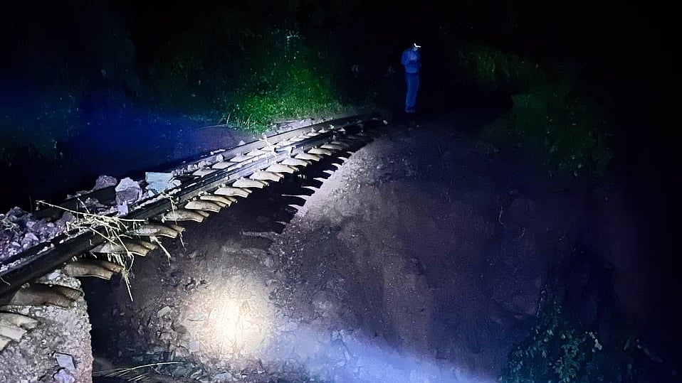 Part of the train track left hanging in air