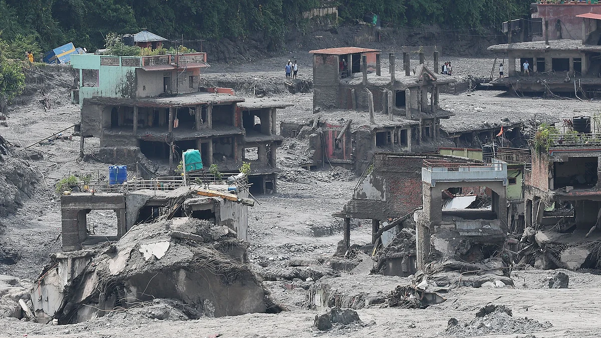 Houses lie in ruins following devastating floods in Bidur, Nepal.