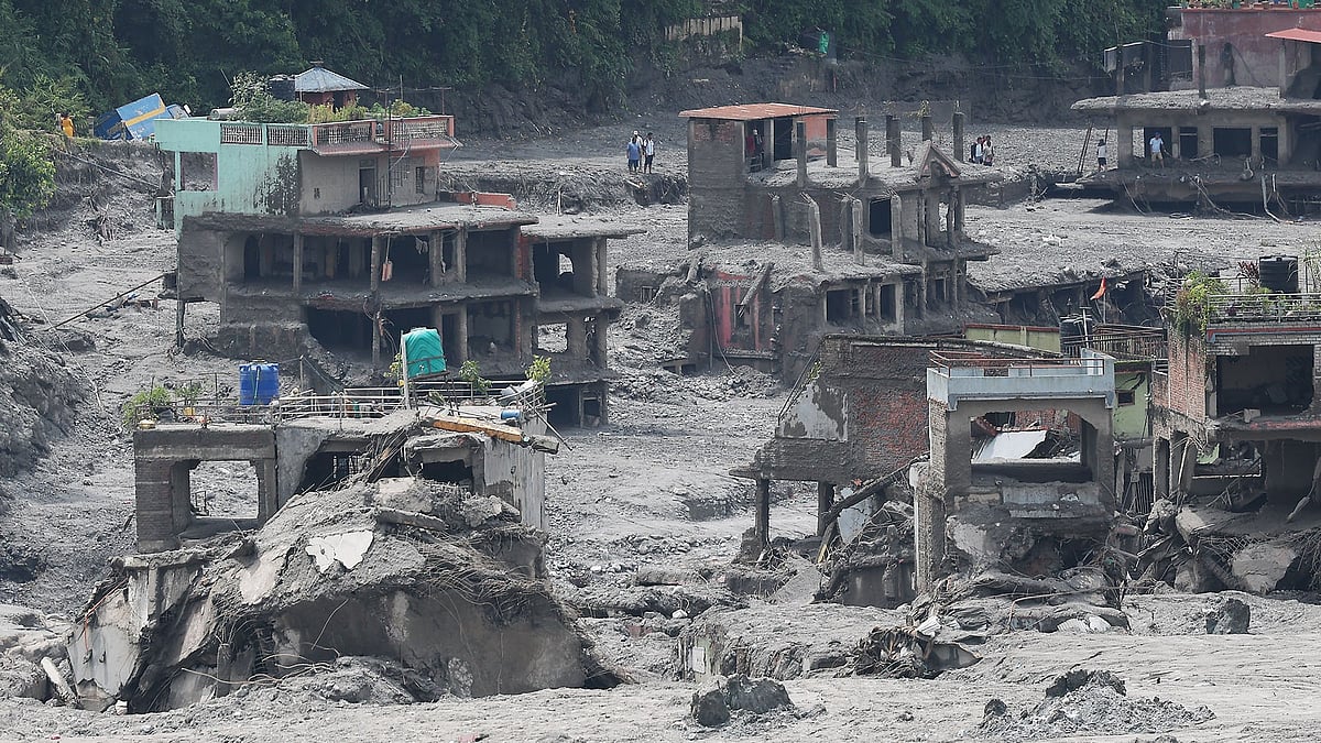 Houses lie in ruins following devastating floods in Bidur, Nepal.