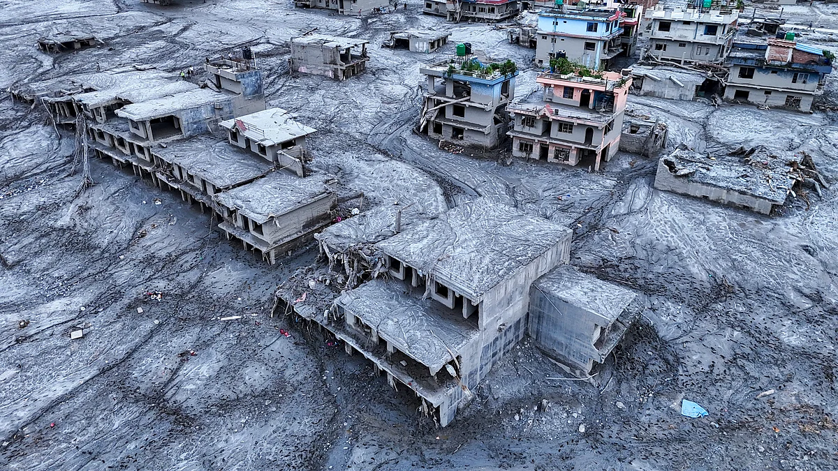 Aerial view of mud-covered structures after flash floods in Nuwakot.