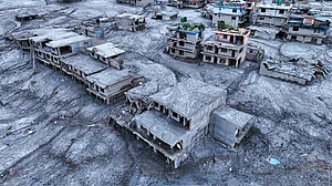 Aerial view of mud-covered structures after flash floods in Nuwakot.