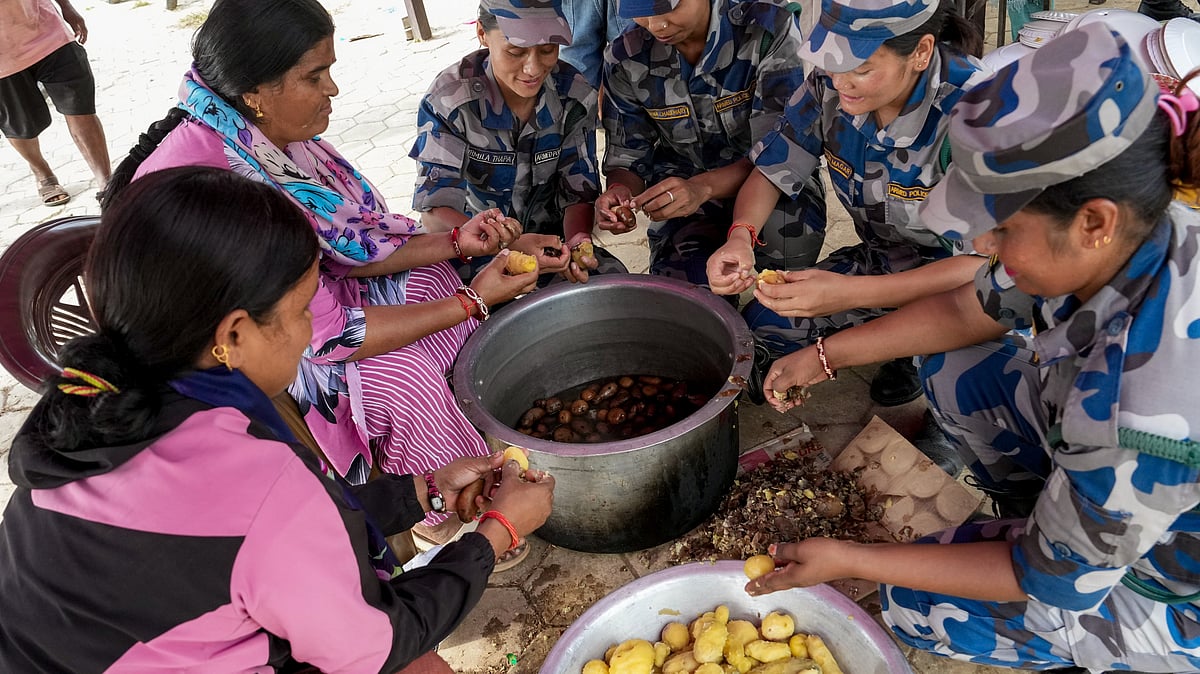 Food being prepared at a rescue camp in Nepal.