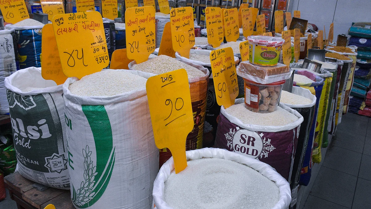 Sugar is displayed for sale at a grocery store amid rising prices in Surat.