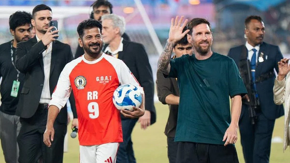 CM Revanth Reddy with Lionel Messi in Hyderabad.
