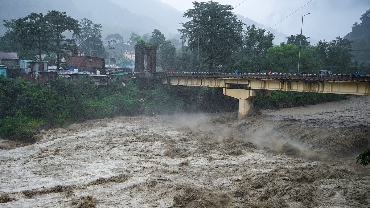 Swollen Gaula river in spate following heavy rainfall in Haldwani.