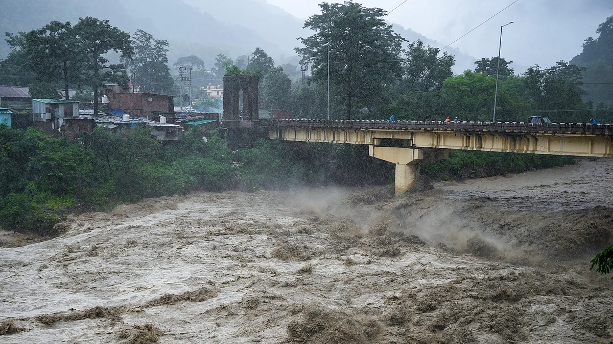 Swollen Gaula river in spate following heavy rainfall in Haldwani.