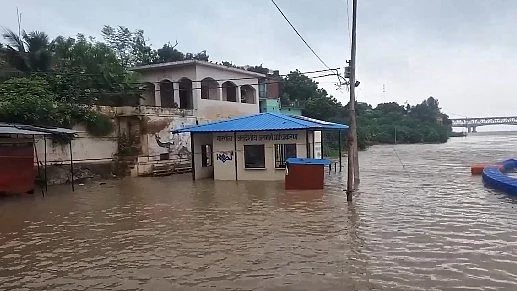 The Ganga was flowing above the danger mark at Ghazipur’s Posta Ghat.
