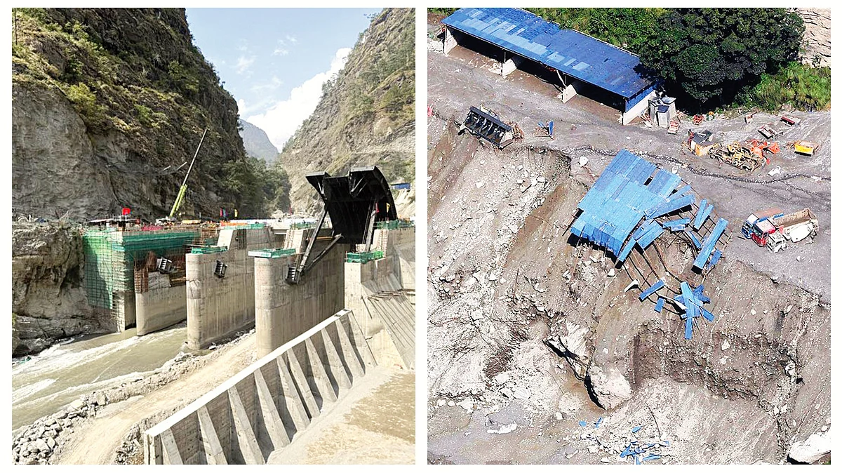 The Upper Trishuli-1 hydropower project before and after the wave flattened the site