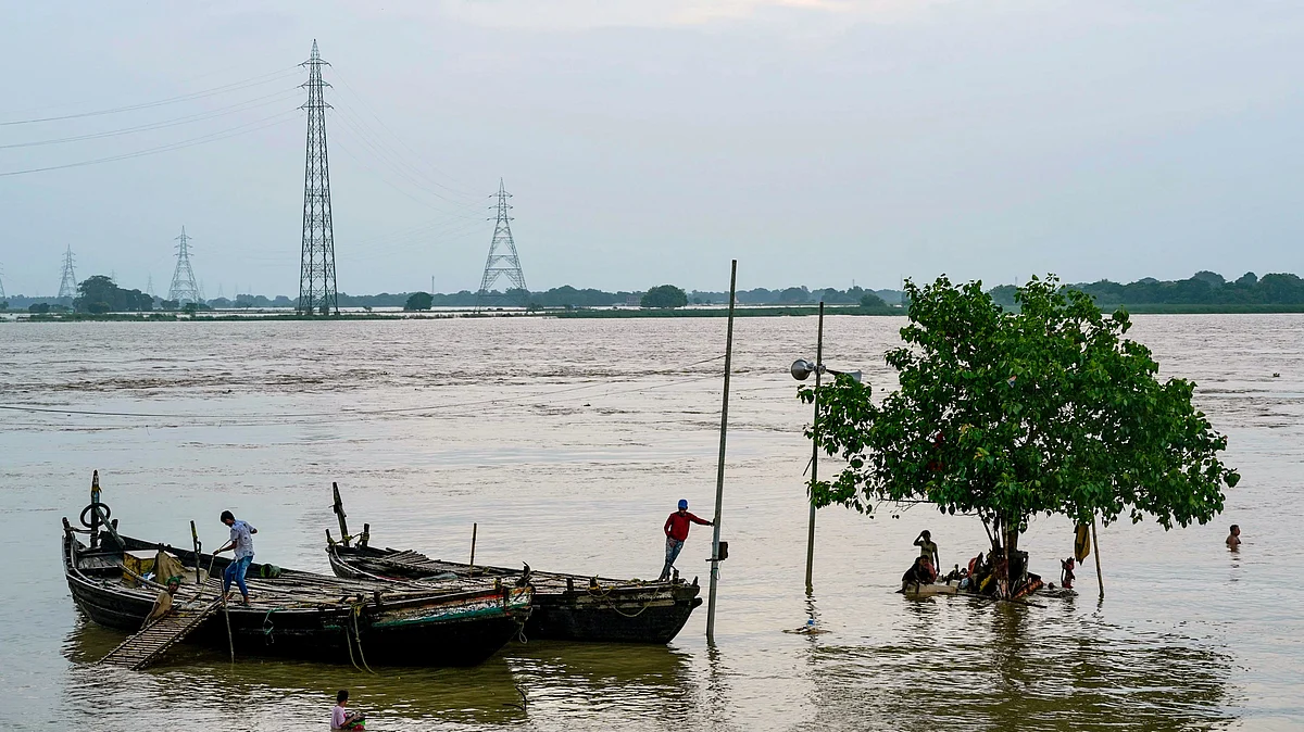 A partially submerged riverside settlement on the Ganga in Patna, 1 September