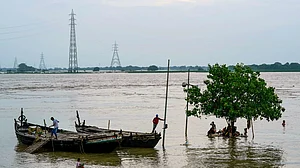 A partially submerged riverside settlement on the Ganga in Patna, 1 September