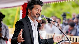 Tamil Nadu CM C. Joseph Vijay addresses an event in Chennai.