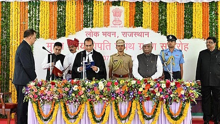 Justice Sanjay K. Agrawal being sworn in as the 44th chief justice of the Rajasthan High Court.