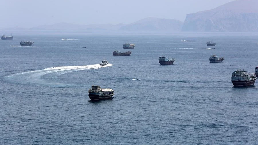 Vessels navigate the Strait of Hormuz amid heightened tensions.