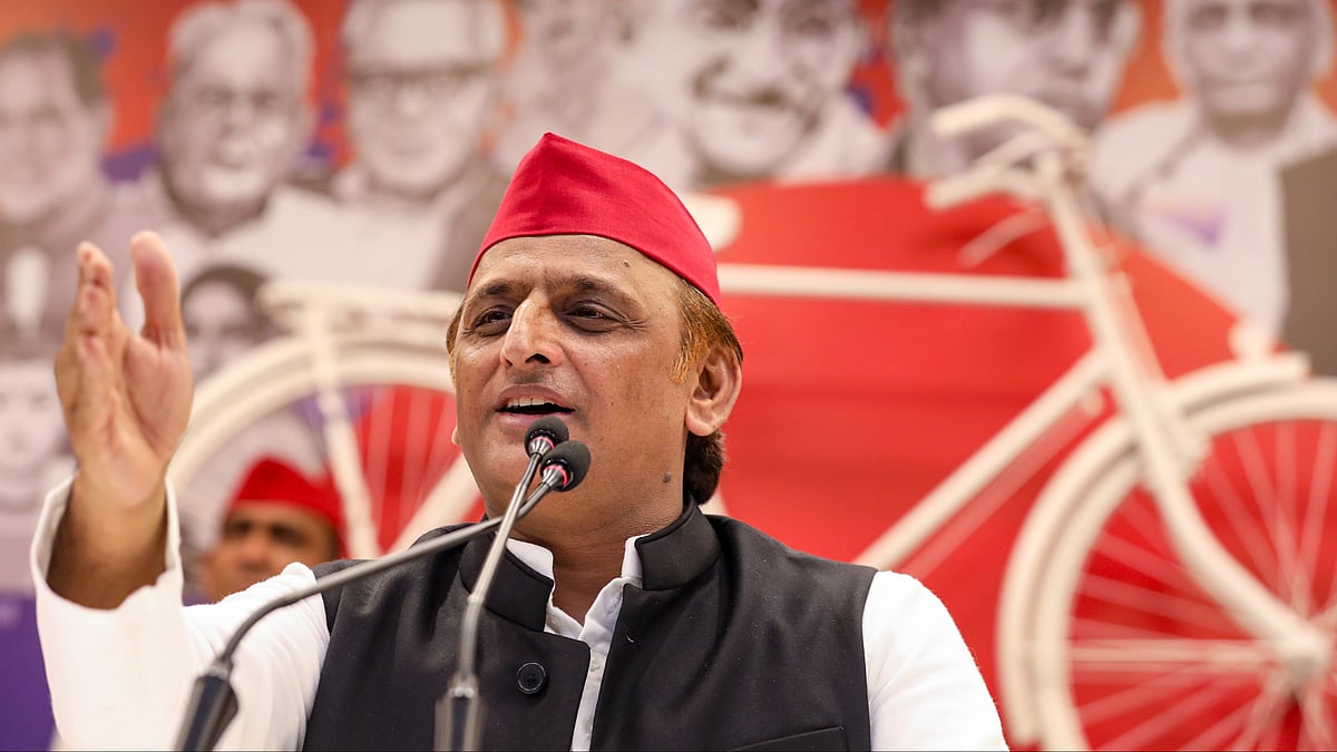 Akhilesh Yadav addresses a press conference in Lucknow.