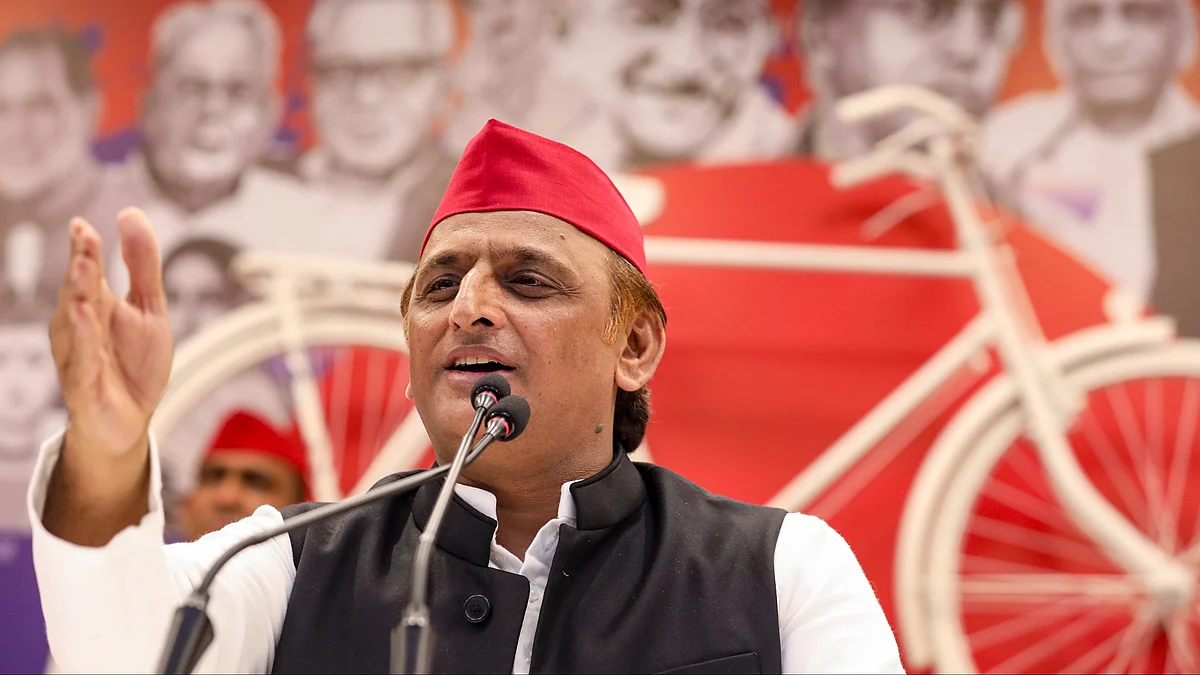 Akhilesh Yadav addresses a press conference in Lucknow.