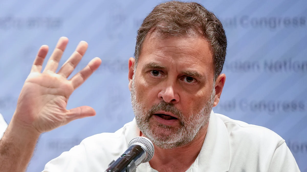 Rahul Gandhi speaks during a media briefing at Indira Bhawan, New Delhi.