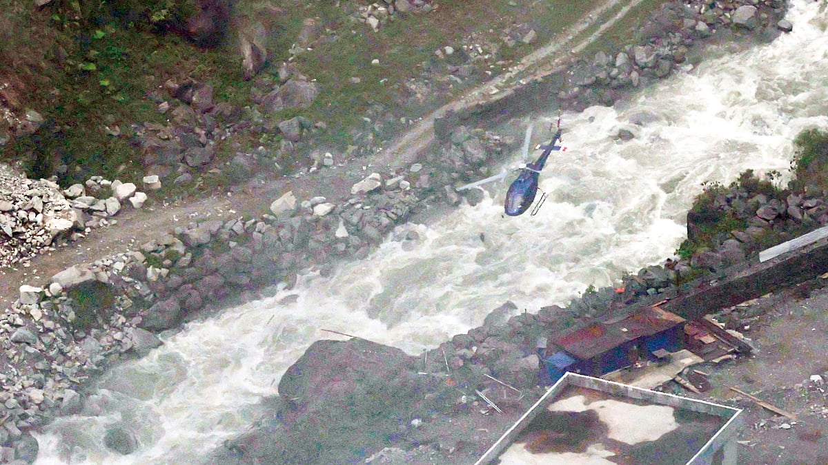 Helicopter takes off from the Upper Trishuli-1 hydropower site in Nepal’s Rasuwa district.